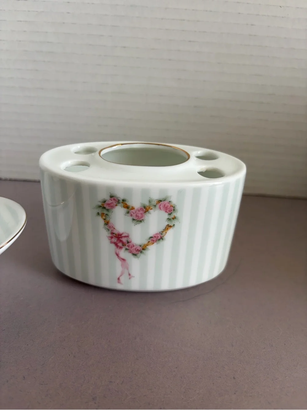 Otagiri Porcelain Heart Floral Vanity Dish and Brush Holder